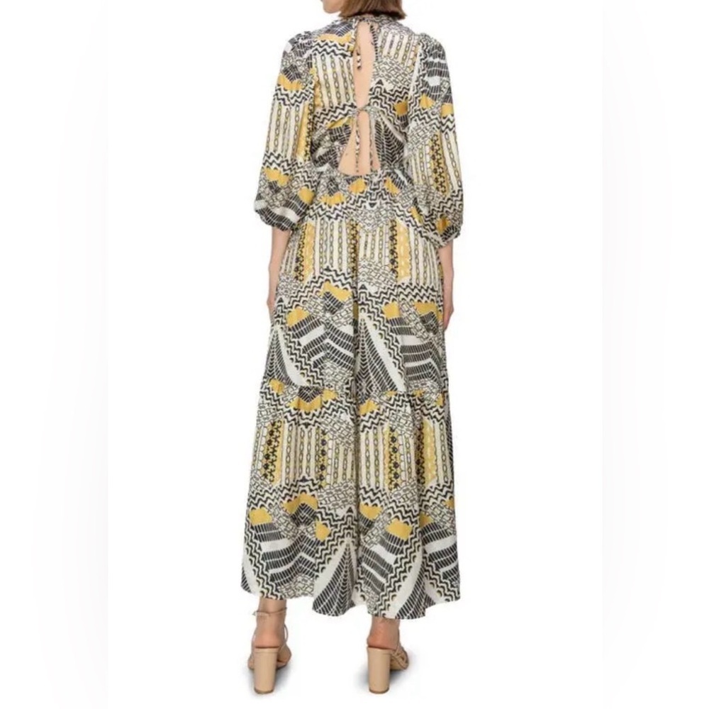 Melloday Print Tie Back Tiered Midi Dress Size S Boho Long Sleeve - Picture 3 of 8